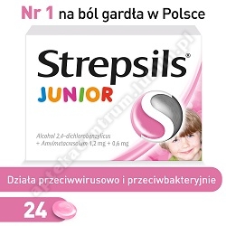 Strepsils tabletki na ból gardła dla dzieci Junior 24 pastylki od 6 lat+5 pastylek fiorda czarna por